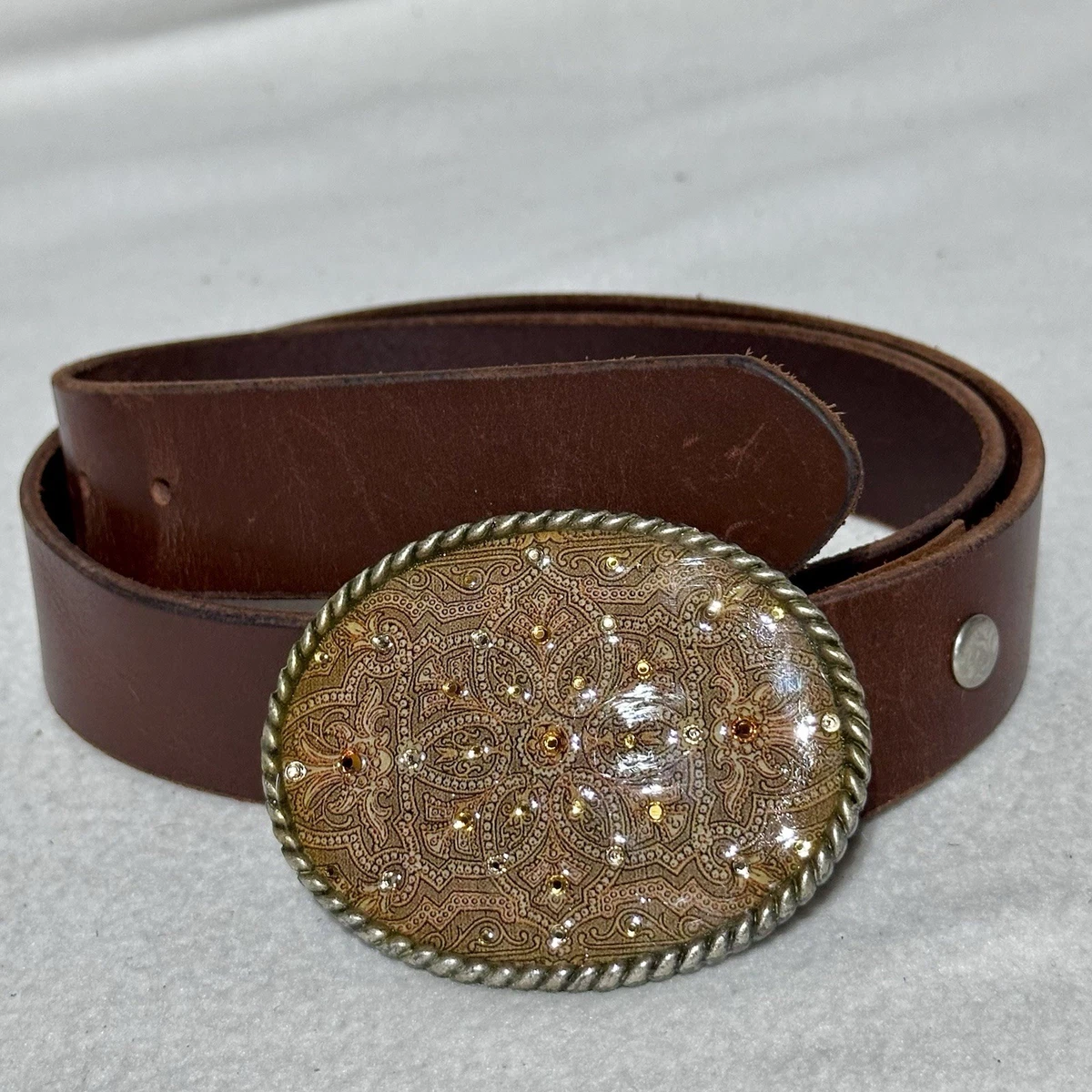 Vintage Buxton 1971 Women\'s Elephant Buckle Brown Suede Leather Hippie Boho Belt Vintage Brown Leather Belt With Floral Buckle, Bohemian  main image 2