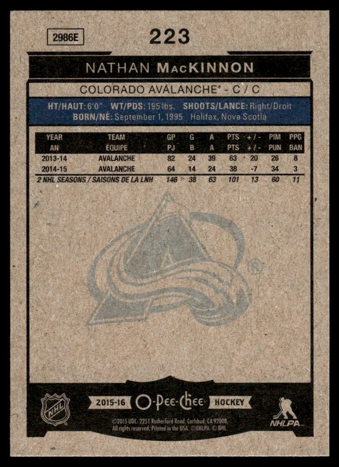 2015-16 O-Pee-Chee #223 Nathan MacKinnon Colorado Avalanche Hockey Card - Image 2 of 2