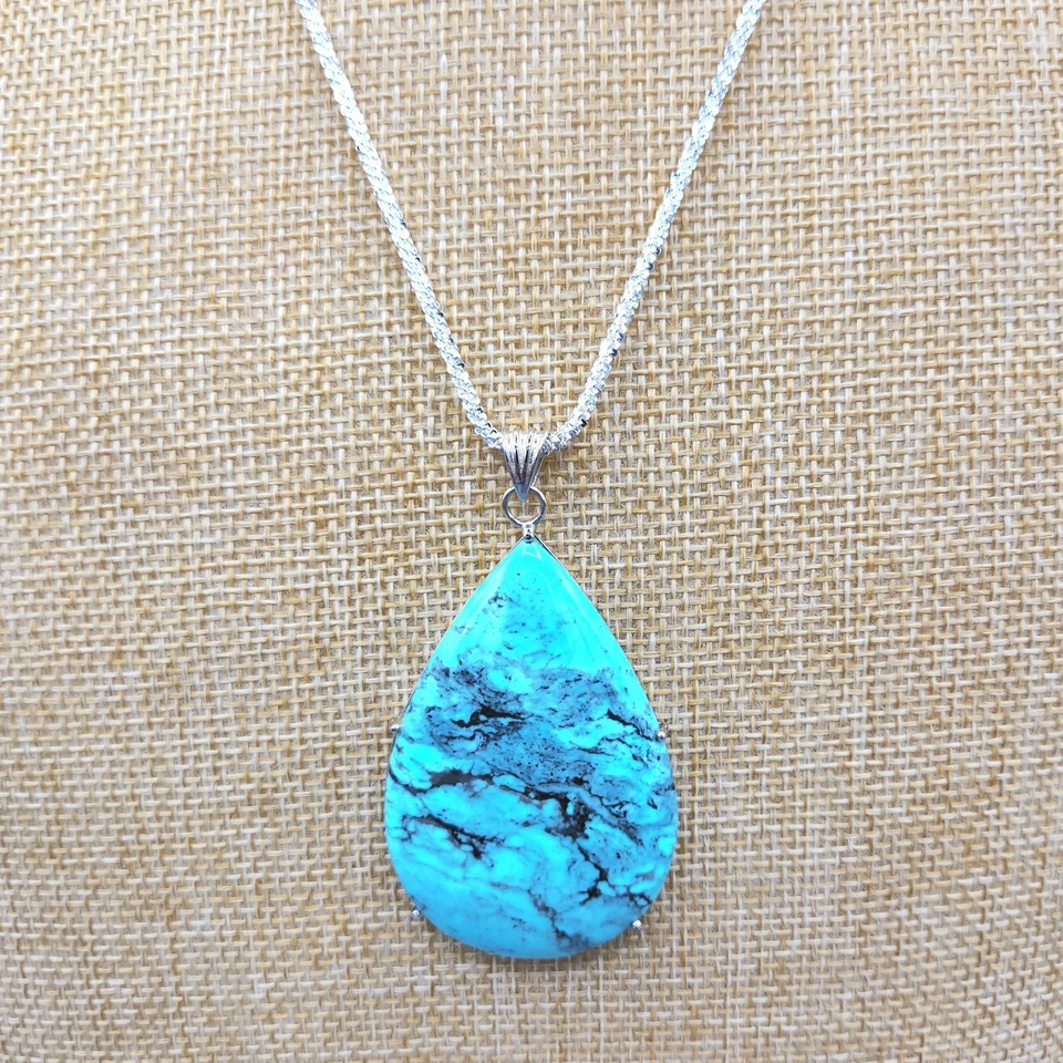 Collar de cadena colgante lágrima turquesa grande de plata de ley 20" 20,8 g Foto 2 de 4