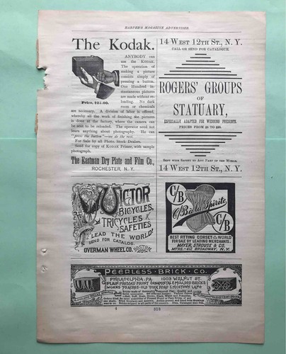 1889 AD.PAGES FROM HARPER'S MAGAZINE ADVERTISER- FRUIT, VEGETABLES, CORSETS ETC.