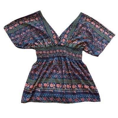 Womens Gypsy Boho Floral Festival Top Smocked Size Large Colorful Bohemian USA