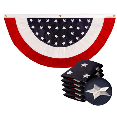 USA Pleated Fan Flag 3x6FT 3-Pack Star Center Embroidered Polyester