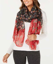 Cejon Festive Printed Oversized Chiffon Scarf Black One Size NWT! $38