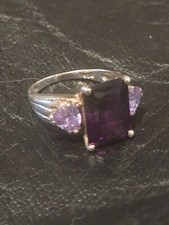 ESTATE Solid Sterling Silver Square-Cut Amethyst CZ Gemstone Cluster Ring Size 7