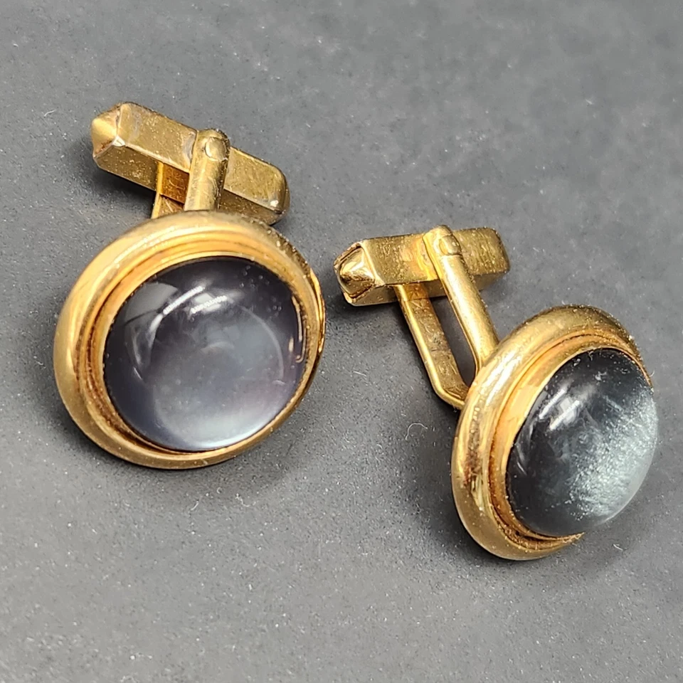 Vintage Swank Gemelos Hombre Gris Lunar Redondo Tono Dorado Bala Espalda Formal Foto 4 de 4