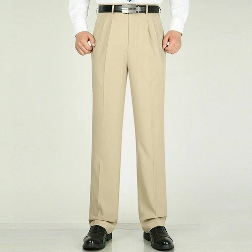 Men Formal Dress Pants Business Suit Straight Leg Trousers Pleated Front Solid - Picture 5 of 28