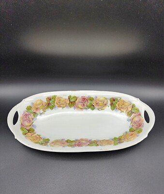Antique Bavarian China Handled Celery/Bread Dish Pastel Rose Pattern 
