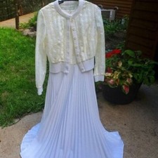 Vintage Maxi Zippered Top Laced & Lined Solid Pleated SL Sz. S Dress w Sweater