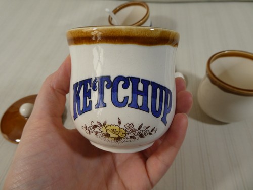 Vintage Condiment Crock Style Mustard Relish Ketchup w/ Spoons Japan MCM Set - Picture 21 of 24
