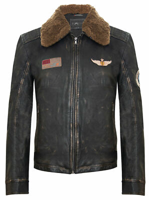 Men's Vintage Black Leather Bomber Jacket Flying US Air Force Detachable Collar