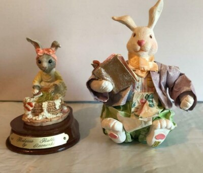 EASTER RABBIT WASHING CLOTHES AND PAPER MACHE RABBIT READING BOOK