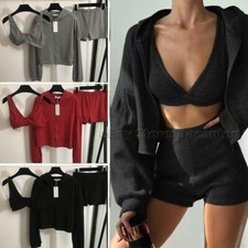 Women's Activewear 3 Pcs Set Bra Camisole Underwear Hooded Zipper Jacket Shorts