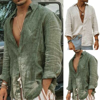Mens Casual Cotton Linen Shirt Long Sleeve Loose Blouse Button Down ...