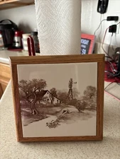 Vintage Country House Windmill Etching Picture Framed 7.5”x7.5”