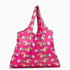 Foldable Poly Grocery Store Reusable Shopping Bag - Pink STRIPED DOGS 