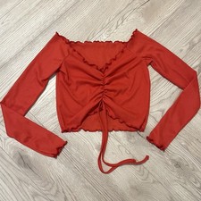 Red Off the Shoulder Crop Top Size 6 Ruffle Hem Milkmaid Babydoll Ruche Festival