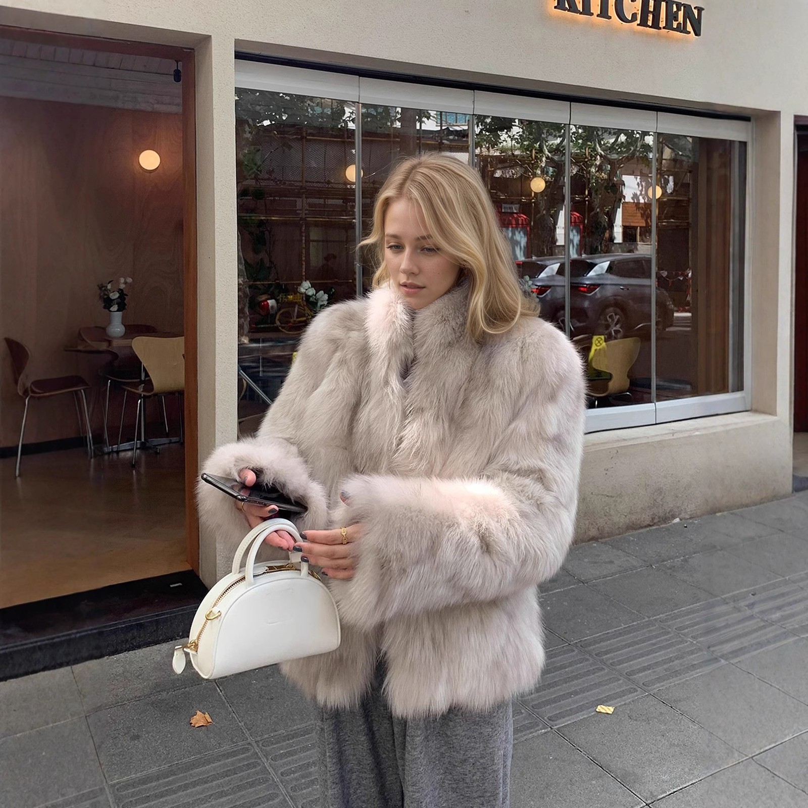 Women's Fox Fur Coat Stand Collar Short Furry Coat Warm Long