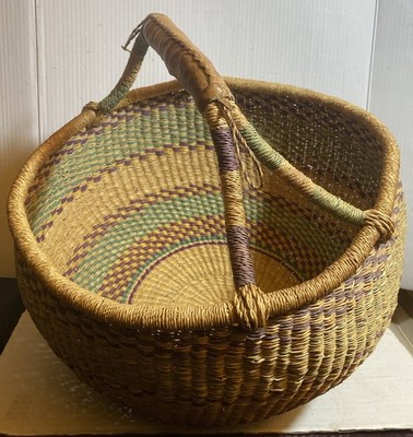 X Lg Woven Bolga Basket Leather Handle 16 Dia.  x 10 Depth x 15  Height Ghana