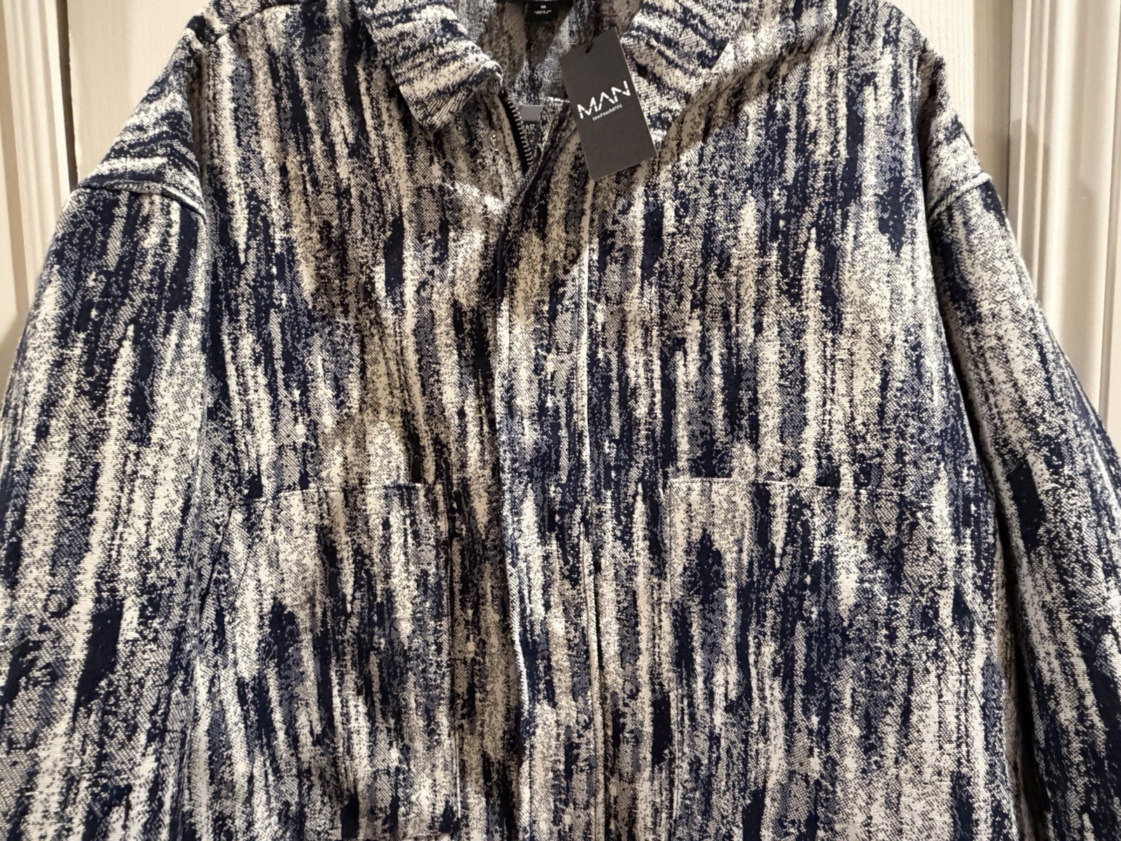 New Mens Boohoo Man Boxy Fit Fabric Interest Jean Jacket - Medium Dark Blue 