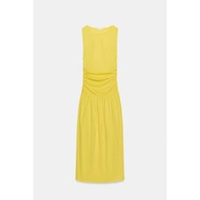 Zara Yellow Ruched Sleeveless Midi Dress Crew Neck Drop Waist 0858/085/323 M