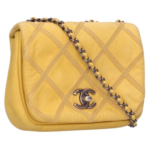 CHANEL Matelass Full Flap Canvas Leather Chain Shoulder Bag (Yellow) 421062 BS55