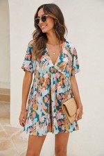 Cupshe V-Neck Tropics Tiered Mini Dress Boho Effortless Resort Pool