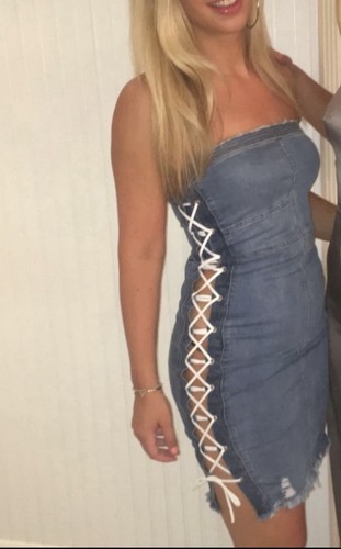 Missguided size 8 blue denim strapless mini dress - Picture 1 of 6