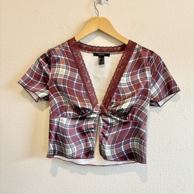 Forever 21 Crop Top Womens Small Plaid Lace Preppy Academia Festival Satin  EUC