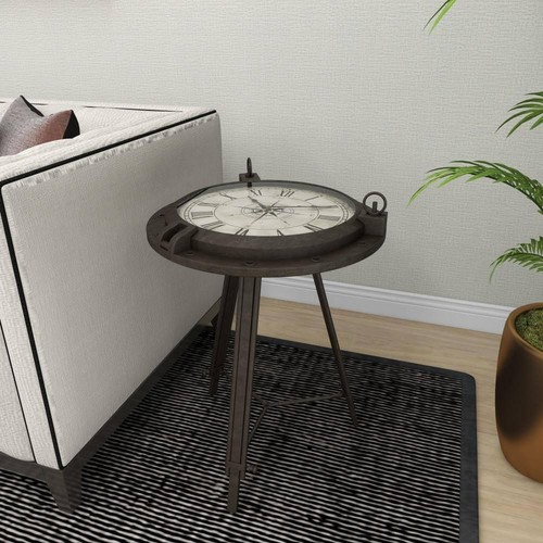 19 in. Black Compass Large Round Glass End Accent Table with Clock and Clear Top - Picture 9 of 12