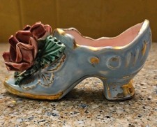 Miniature Victorian Shoe/vintage/blue, gold trim, pink roses