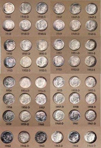 1946-1987 PDS Roosevelt Dime BU/Proof Set, Ch/Gem BU, 112 Coins, Colorful Toned!