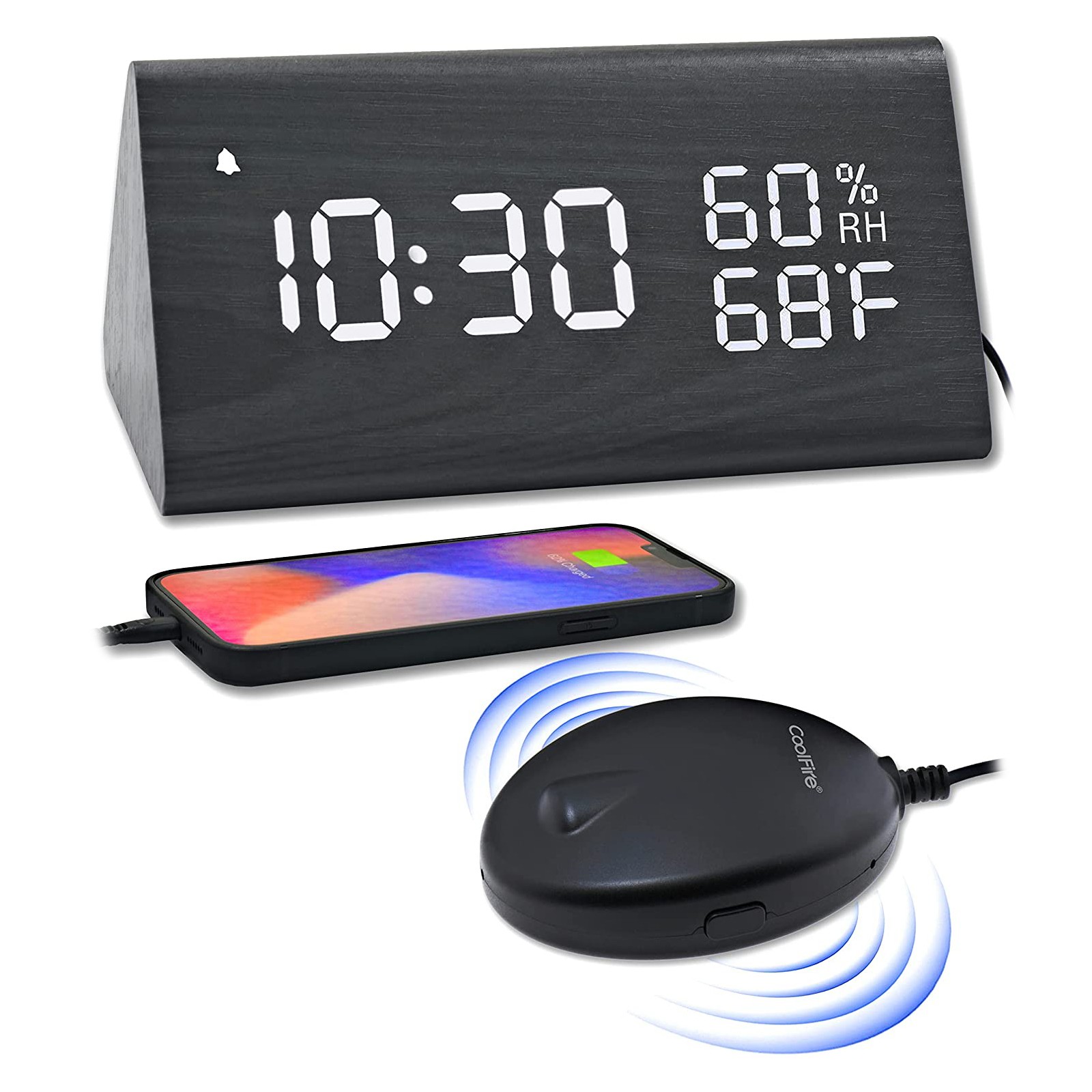 CoolFire Wooden Digital Alarm Clock w/ Vibrator Bed Shaker for Heavy Sleeper