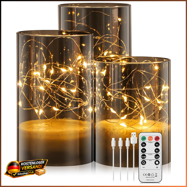LED Kerzen 3Er-Set Aufladbar 1000Mah Mit Fernbedienung Dimmbar Grau 3 StüCk-image