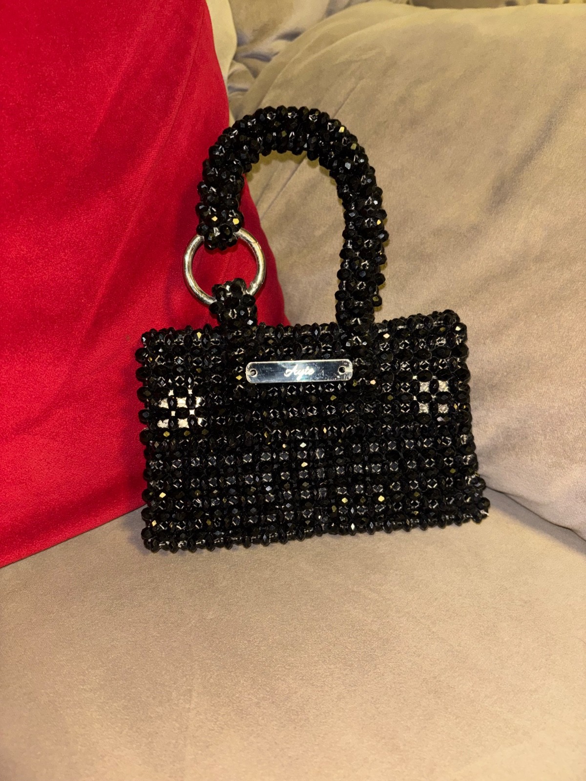 Handmade Black Beaded Handbag - Crystal Pearl Evening Tote Bag - Unique Design