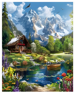 Mountain Lodge Alpine Paint By Number Kit 16x20'' Nature Lake Landscape DIY Set