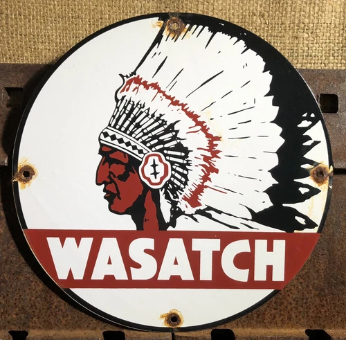 VINTAGE WASATCH PORCELAIN ETHYL GASOLINE SERVICE STATION SIGN GAS MOTOR OIL