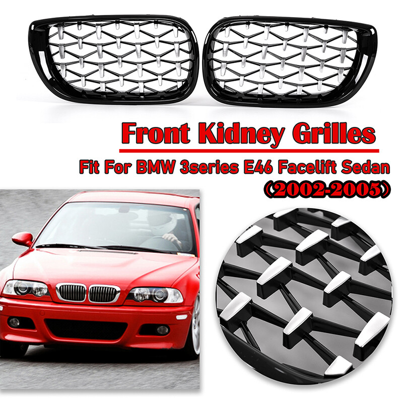 Black Front Kidney Diamond Grill For BMW E46 4DR 320i 325i 330i