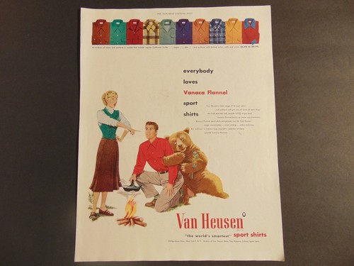 1949 VAN HEUSEN FLANNEL SPORTS SHIRTS Camping Bear vintage art print ad
