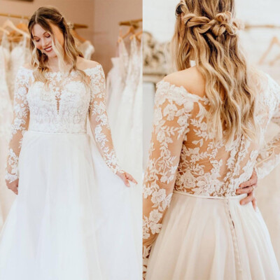 Plus Size Wedding Dresses Long Sleeves Lace Applique Illusion A