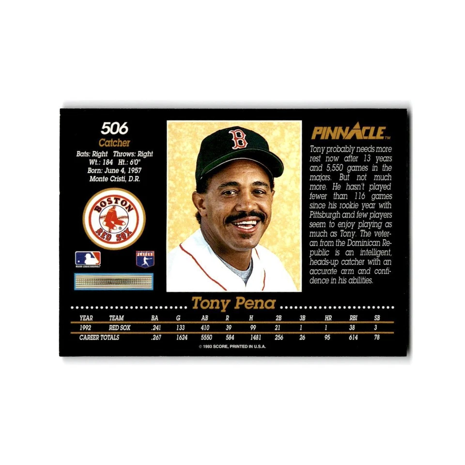 Tony Pena 1993 Pinnacle #506 Boston Red Sox Baseball Card NM - Image 2 of 3