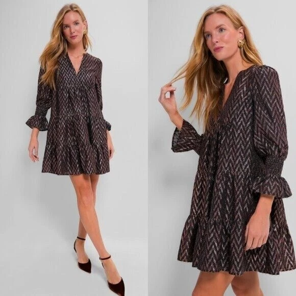 Mini Abito Pomander Place NUOVO Metallizzato Ikat Kenzo Manica Lunga Relaxed Fit Taglia L