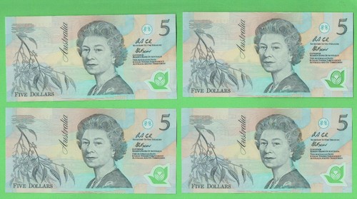 #D363. FOUR CONSECUTIVE 1992 POLYMER ORIGINAL COLOUR $5 BANKNOTES AA 01761652/5 - Bild 2 von 2