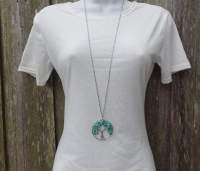 Extra Long Tree of Life Pendant Necklace Blue Turquoise Chip Beads 36''