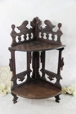 Rare German black forest style wood carved Rack console w photo frame 2 level 