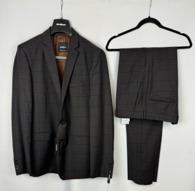 Strellson Cale Madden Extra Slim Suit Brown Check Wool Size 54 EU 37 W, 44 US