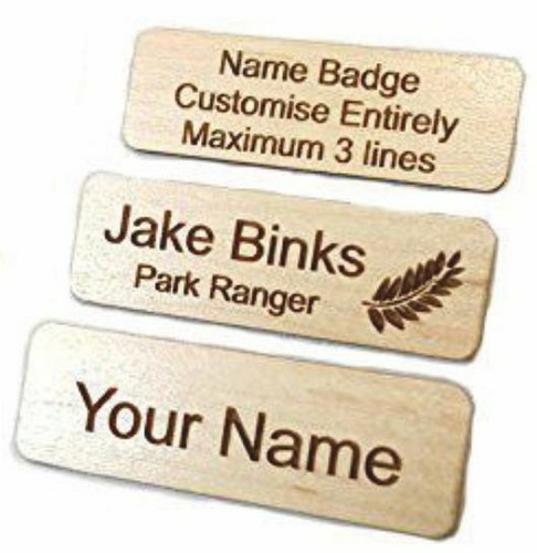 Personalised Wooden Name Badge with Pin - Choice of Wood Type and Text - Work, S - Picture 6 of 6