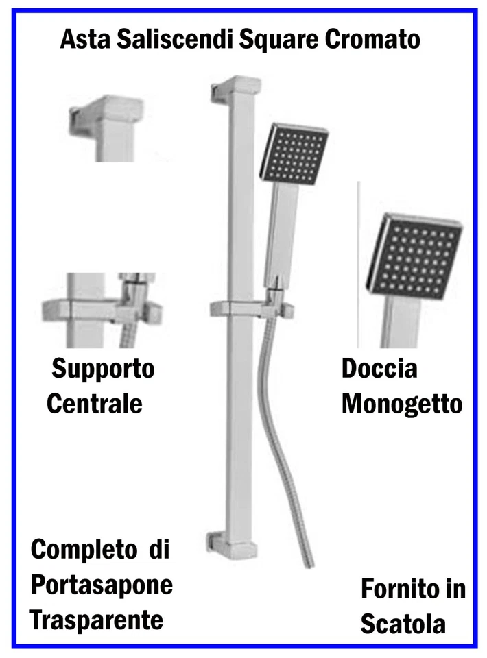 IDEAL STAR Asta Saliscendi Doccia Square Cromato Doccietta Monogetto Soffione + Portasapone