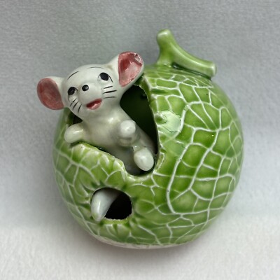 Giftcraft Japan Mouse In Green Apple Figurine Original Sticker Vintage