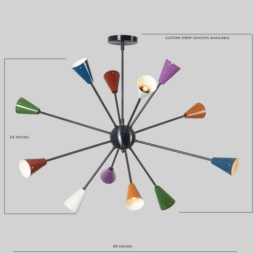 Lampadario Sputnik in ottone con paralume multicolore a 12 bracci stile metà ... - Foto 5 di 7