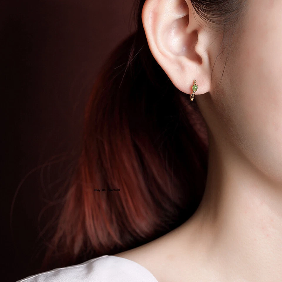 Nuevos pendientes de aro de cuentas de la suerte de plata esterlina real de jadeíta verde / cubierta de oro de 18 quilates Foto 3 de 4